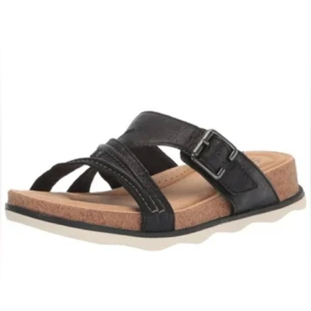 Clarks Black Slide Sandals with Cream Sole
